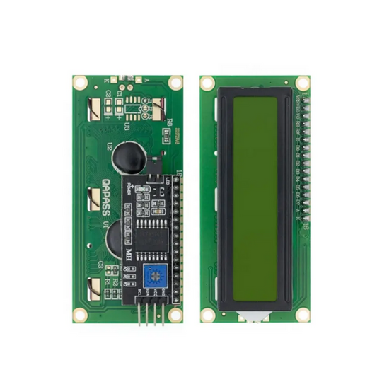 Green electronic circuit board with a display on a white background