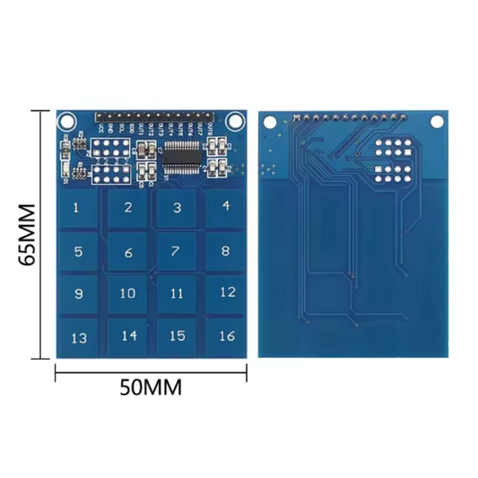 Blue electronic keypad module with dimensions on a white background