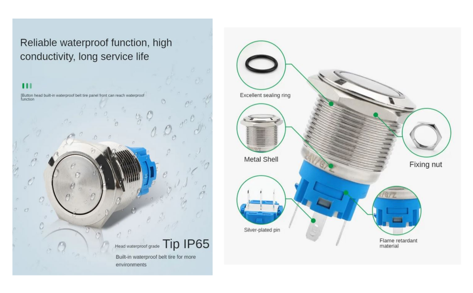 Technical illustration of a waterproof electrical connection with labeled parts and text on a light blue background.