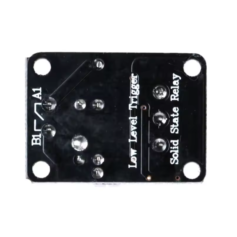 Black solid state relay module with labeled pins on a white background