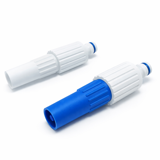 Two white and blue connectors on a white background
