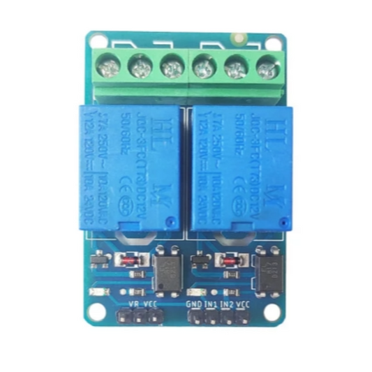 Relay module with blue and green components on a white background
