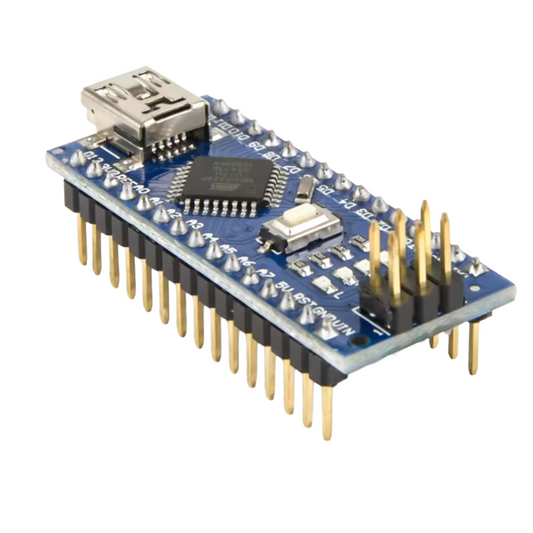 Angled view of a blue Arduino Nano–compatible microcontroller board with USB port and pinned headers