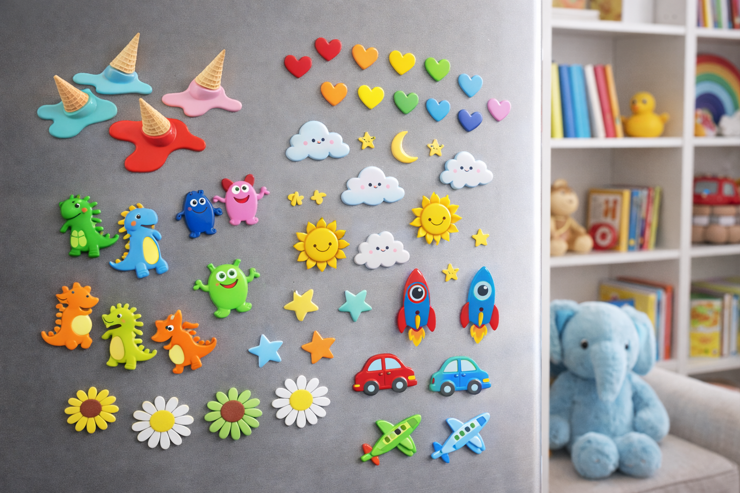 Colorful magnetic toys on a refrigerator next to a child's room with books and toys.
