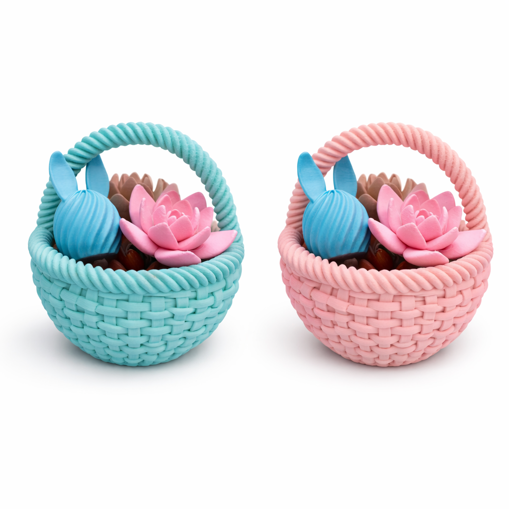 Two woven baskets with rabbit and flower decorations on a white background