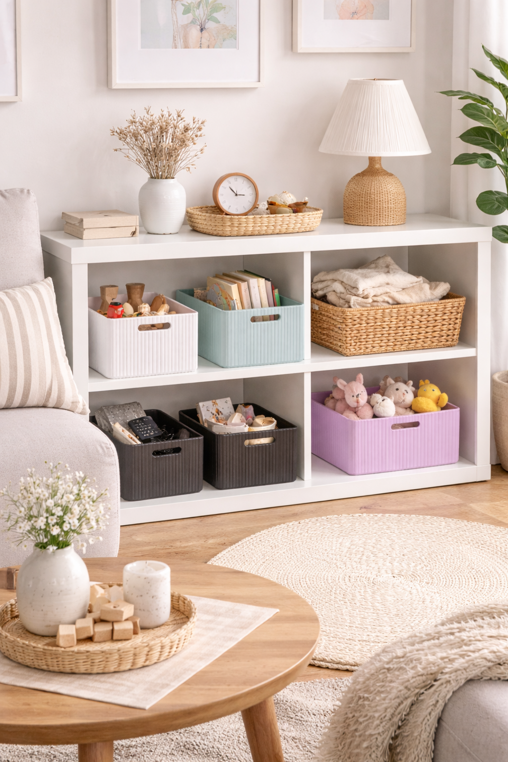 White shelving unit with storage bins and decor in a living room setting.