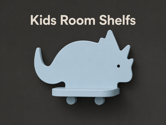 A light blue dinosaur-shaped wall shelf mounted on a dark gray wall, with the words 'Kids Room Shelves' written above it in white text.