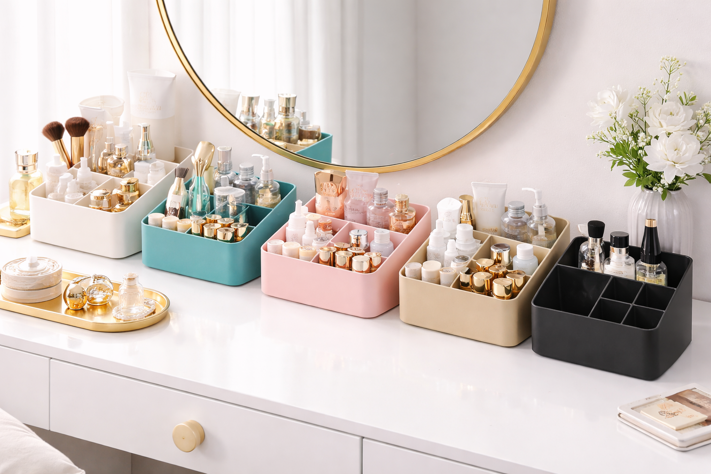 Makeup and skincare products organized in colorful containers on a vanity with a mirror.