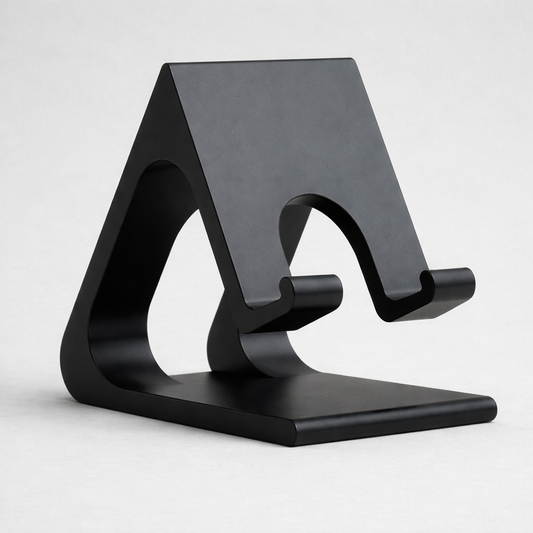 Black phone stand on a light gray background