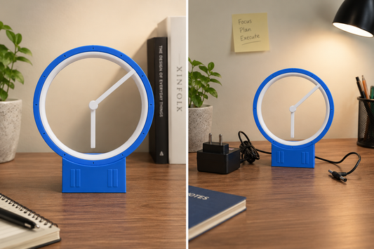 A split-screen view of a blue and white circular desk clock on a wooden desk, shown in two slightly different room settings with books, a plant, a power adapter, and a lamp.