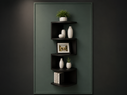 Modern white corner wall shelf with curved shelves on a premium coloured wall