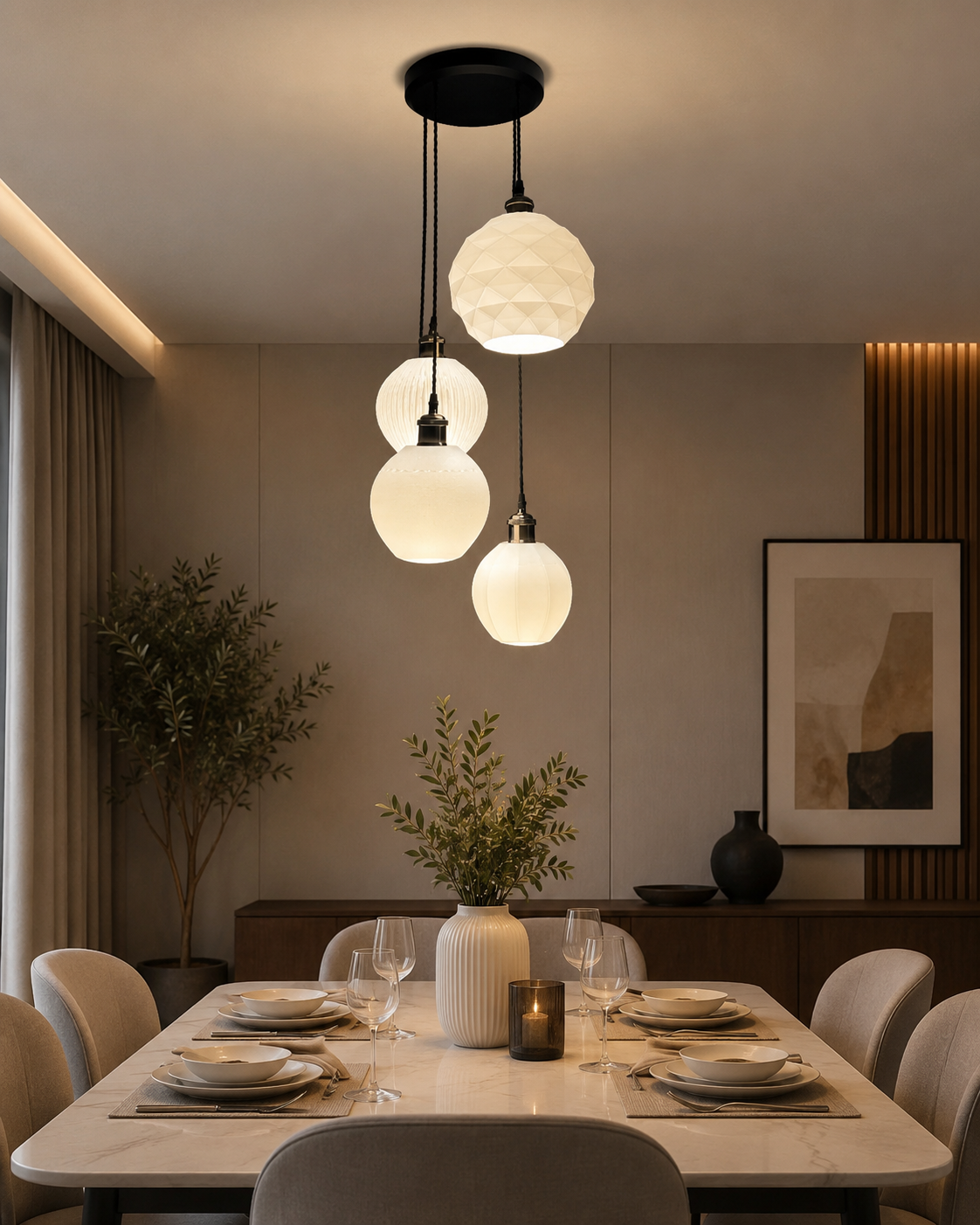 Modern dining room with pendant lights, table setting, and decor.