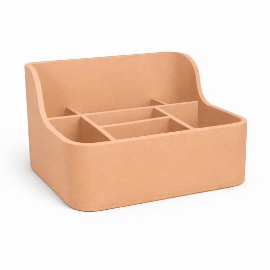 Beige desk organizer with multiple compartments on a white background