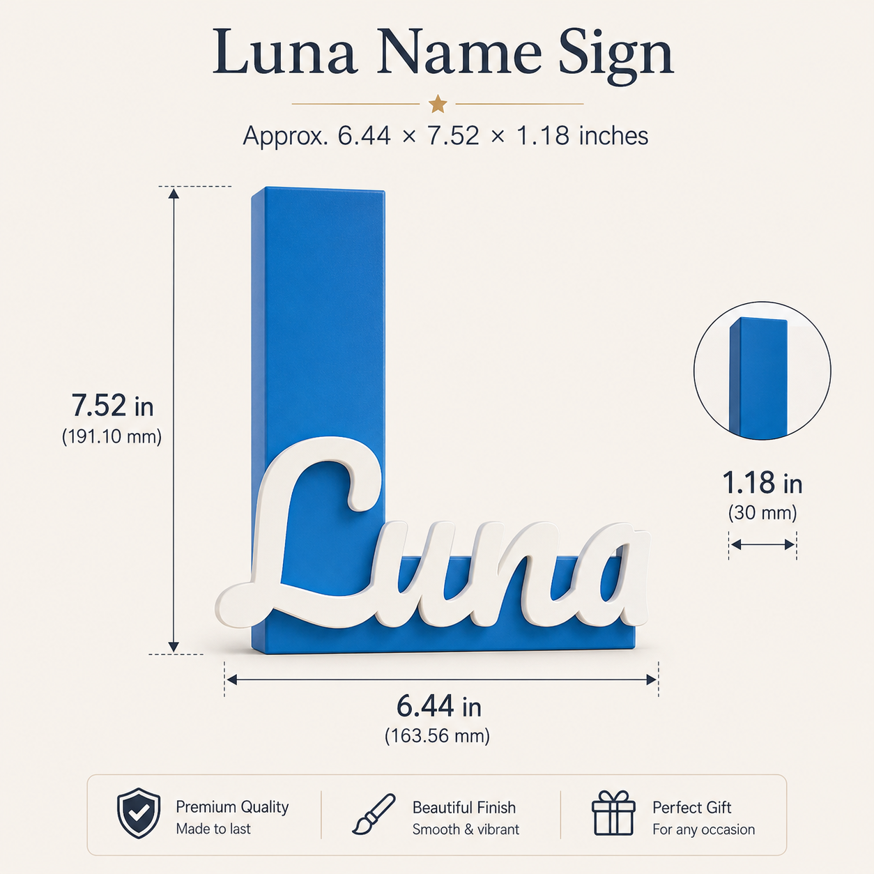 Blue and white 3D name sign reading 'Luna' with dimension callouts showing 7.52 inches tall and 6.