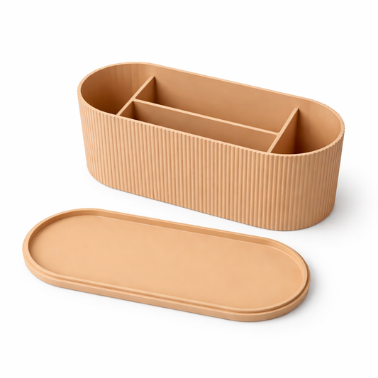 Beige desk organizer with compartments on a white background