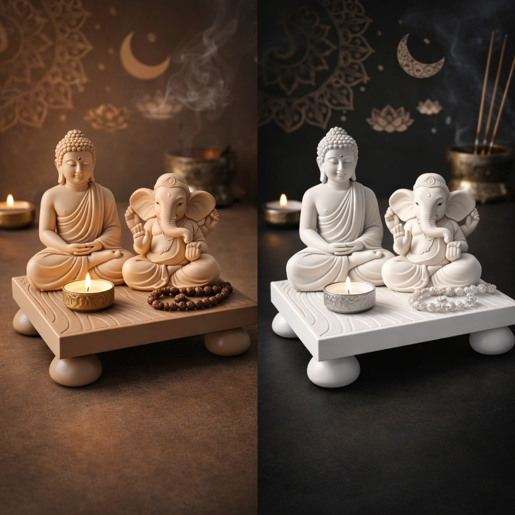 Two sets of Buddha and Ganesha statues with candles on wooden and white platforms against decorative backgrounds.