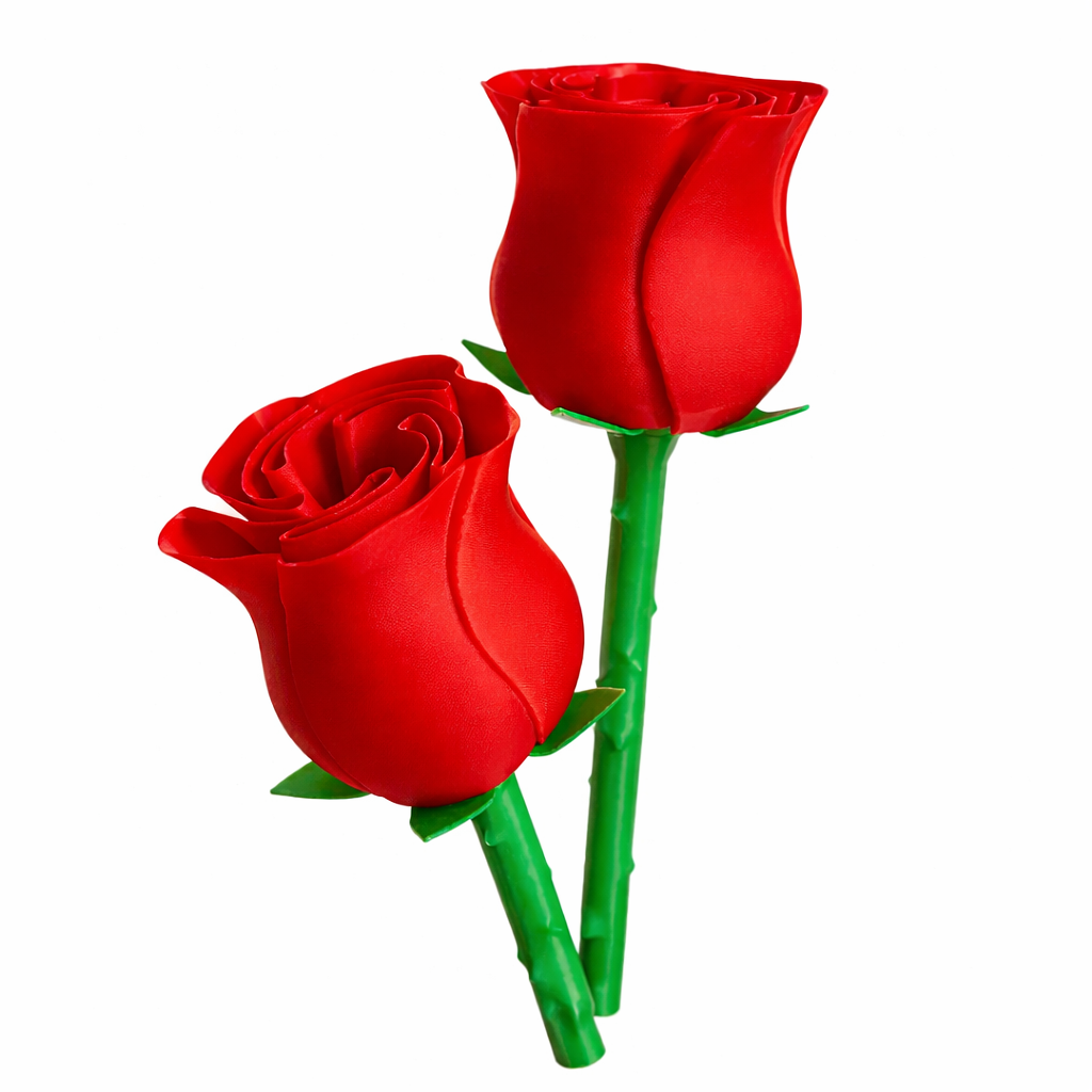 Two red roses with green stems on a white background