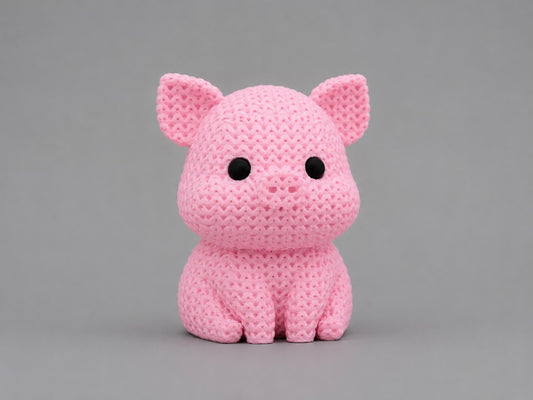 Pink knitted pig toy on a gray background