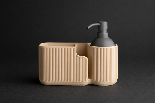 Beige soap holder with a black pump dispenser on a dark background
