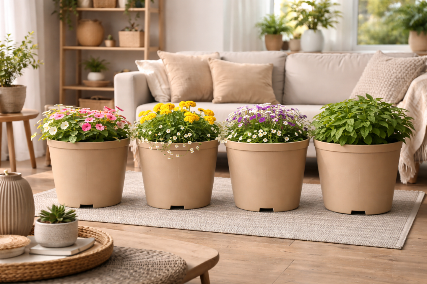 Four potted plants on a rug in a living room with a couch and shelves in the background.