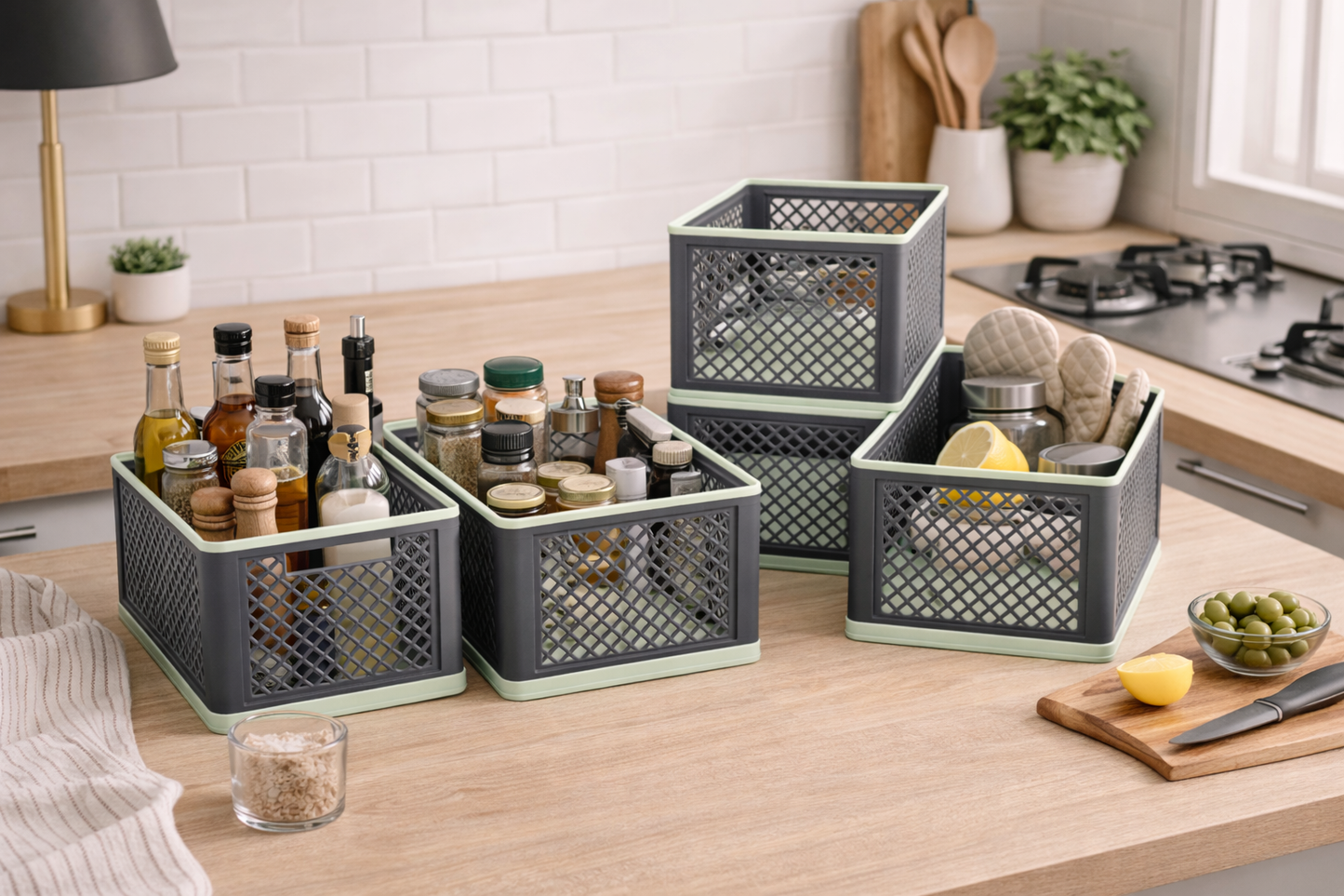Set of gray storage baskets on a kitchen counter with various items.