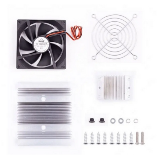 Collection of computer cooling components including a fan, heat sink, and screws on a white background.