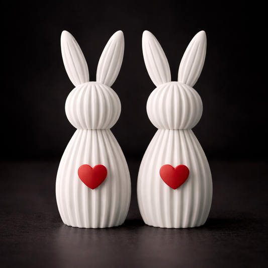 Two white rabbit-shaped vases with red hearts on a black background