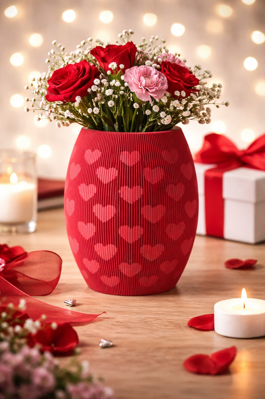 Red heart-patterned vase with flowers on a wooden surface with blurred lights in the background