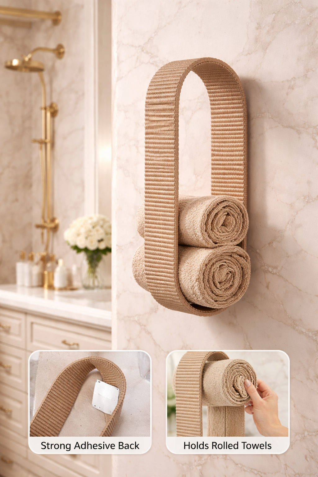 Wall mounted towel holder for bathroom holding rolled towels with 3 tier organizer design on marble wall
