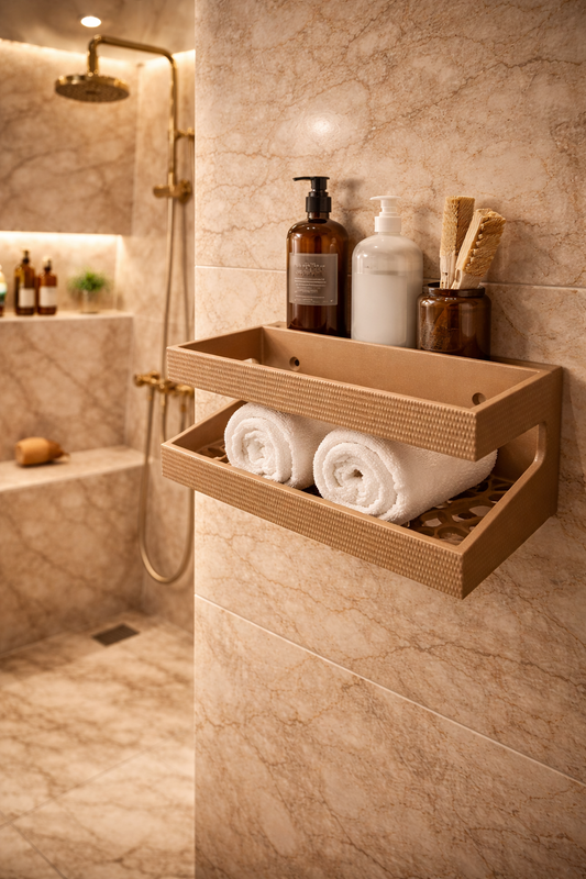 bathroom shower shelf organizer with drain base wall mounted beige brown