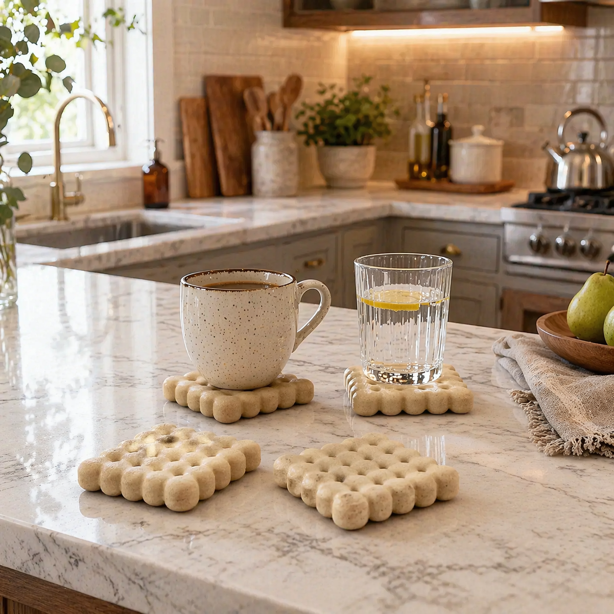 Beige biscuit shape coasters set for tea and coffee cups on table