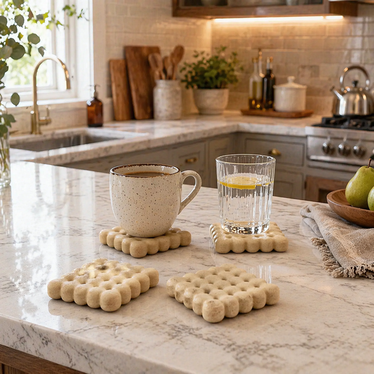 Beige biscuit shape coasters set for tea and coffee cups on table