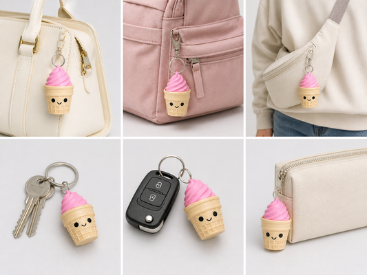Ice cream cone keychain with pink top and brown waffle base attached to various items like a bag, backpack, and car key.