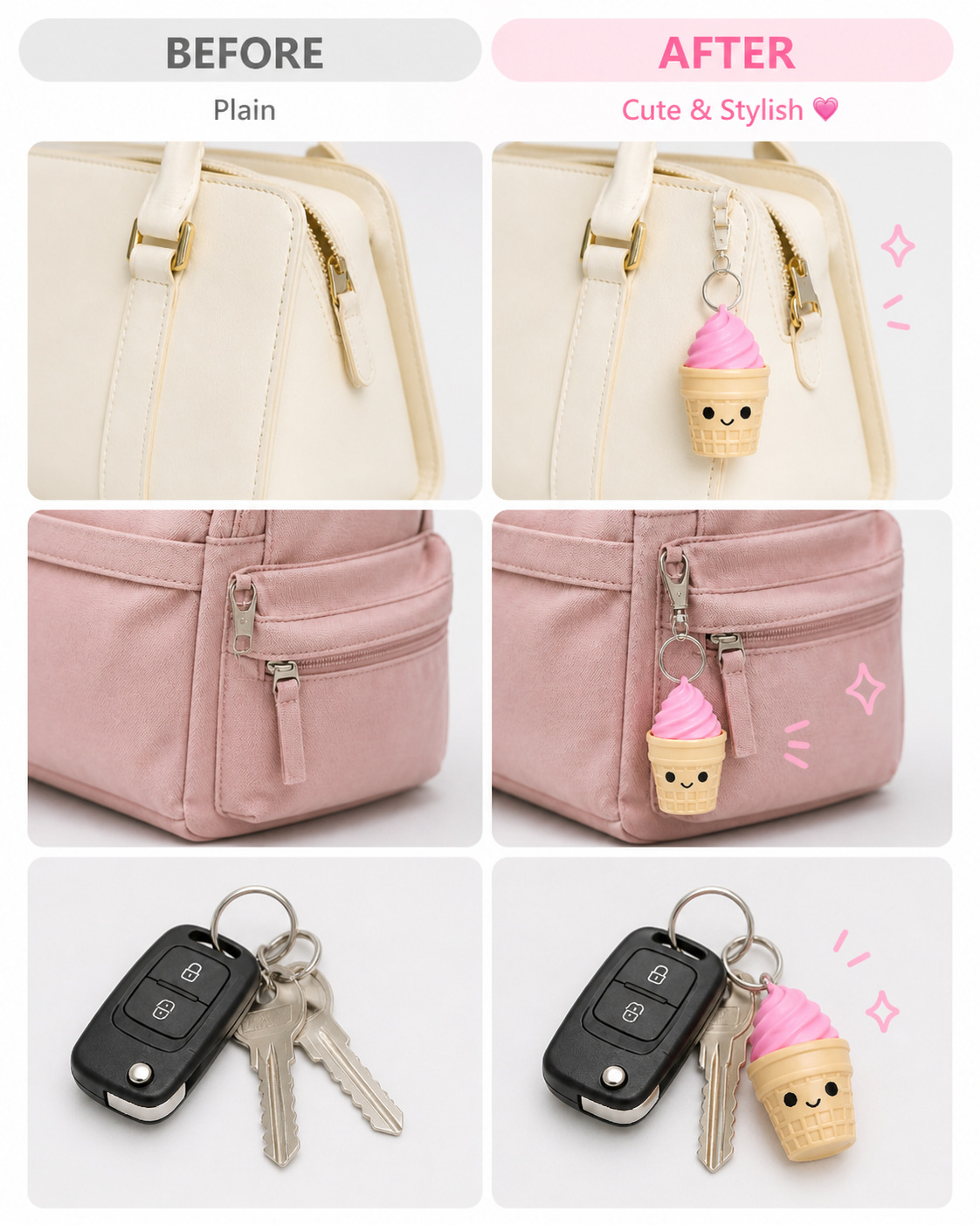 Before and after comparison of a plain bag with a cute ice cream keychain added.