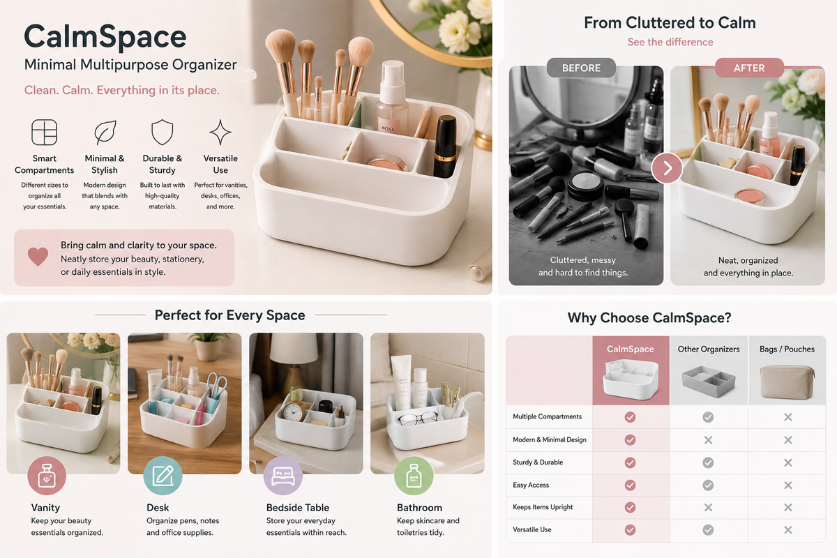 A promotional infographic for CalmSpace, a minimal multipurpose organizer. The layout features a before-and-after section showing a cluttered desk transformed into a tidy one, a grid of six lifestyle photos demonstrating the organizer in various settings (vanity, desk, bedside table, bathroom), and a feature comparison table against other brands.
