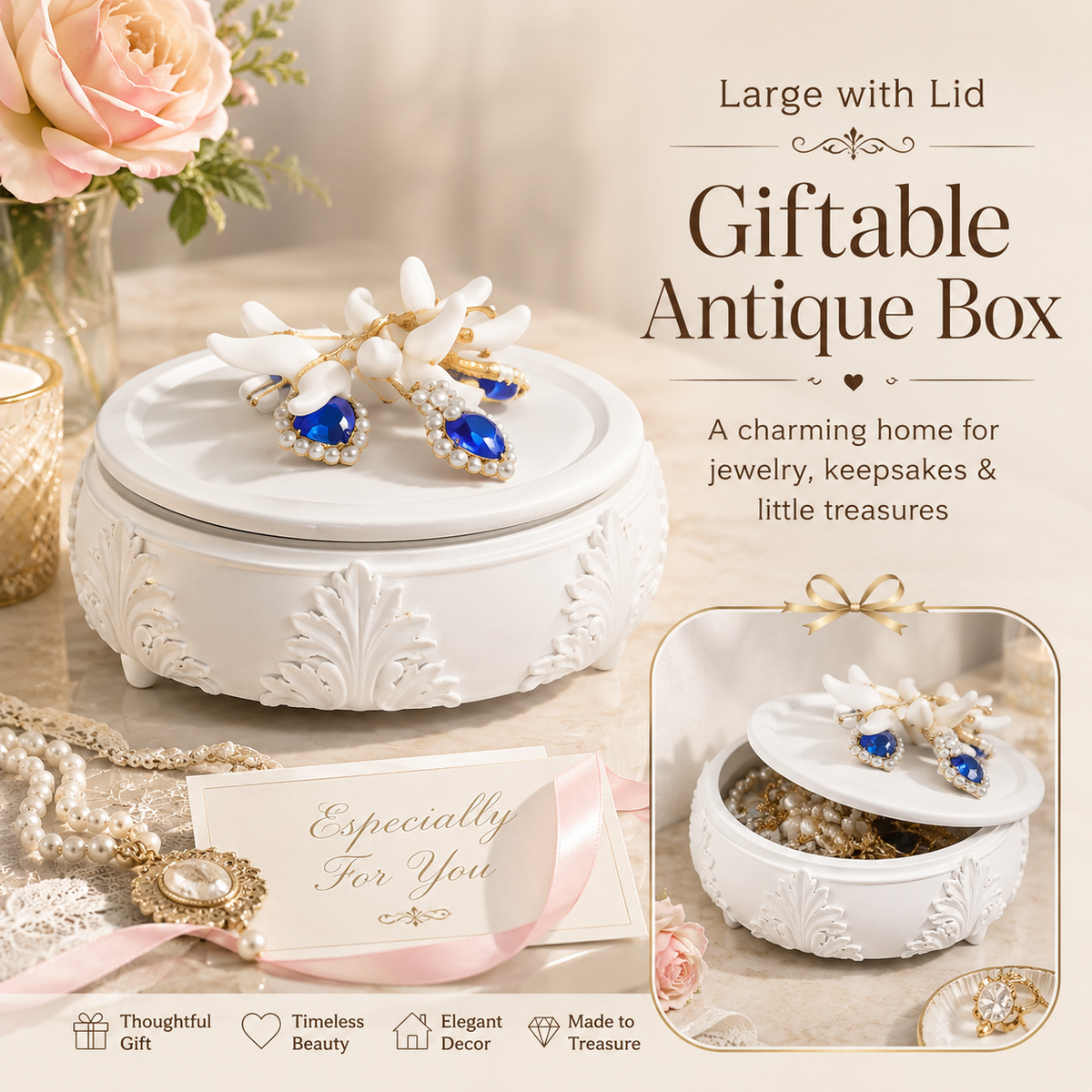 A white embossed decorative giftable antique box with a lid, shown open with jewelry inside. The scene includes promotional text reading 'Large with Lid Giftable Antique Box' and 'A charming home for jewelry, keepsakes & little treasures,' plus a small inset showing the box closed and styled with flowers and ribbon.