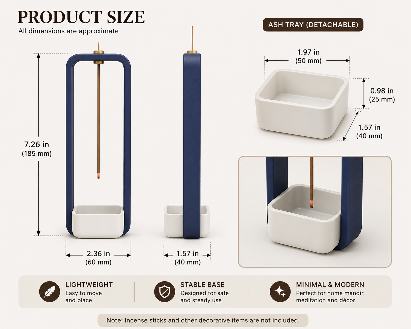 Product size diagram showing a navy blue and white incense holder with dimensions, including a detachable ash tray, on a light beige background with feature icons.