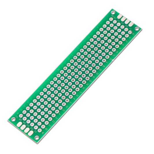 Double sided PCB perf board stripboard prototyping circuit board for electronics DIY projects, Arduino and Raspberry Pi soldering applications, universal dual layer prototype PCB board pack of 5 on white background