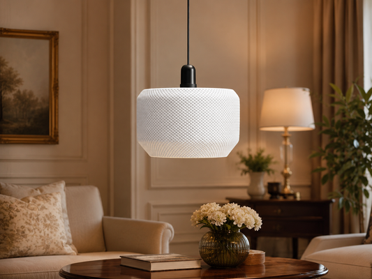 Modern pendant light hanging in a living room with a sofa, table, and decorative elements.