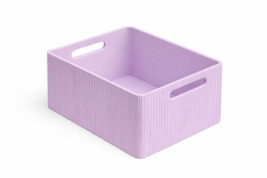 Purple storage basket with handles on a white background