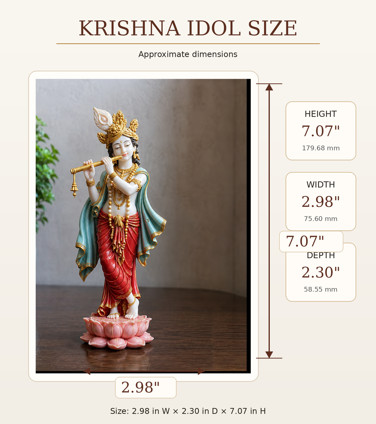 Krishna idol size chart showing a decorative Krishna statue on a lotus base with approximate dimensions labeled: height 7.07 inches (179.