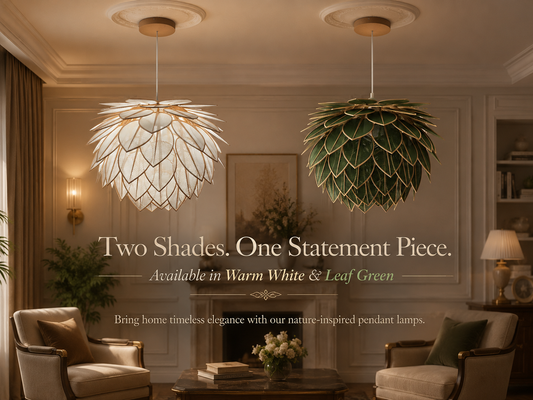 Leaf design ceiling pendant lamps in Warm White and Leaf Green displayed in an elegant living room
