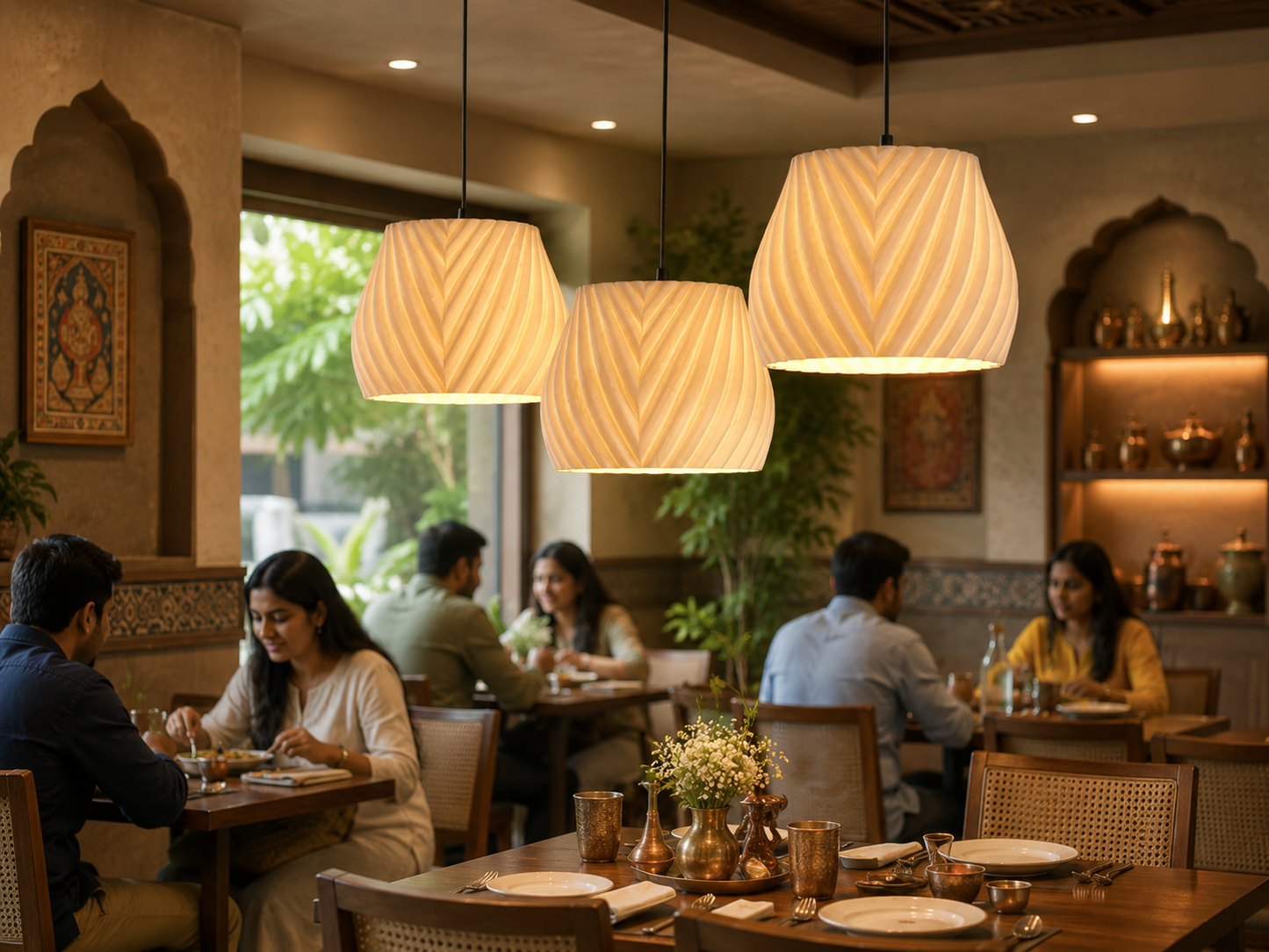 People dining in a restaurant with warm lighting and decor.