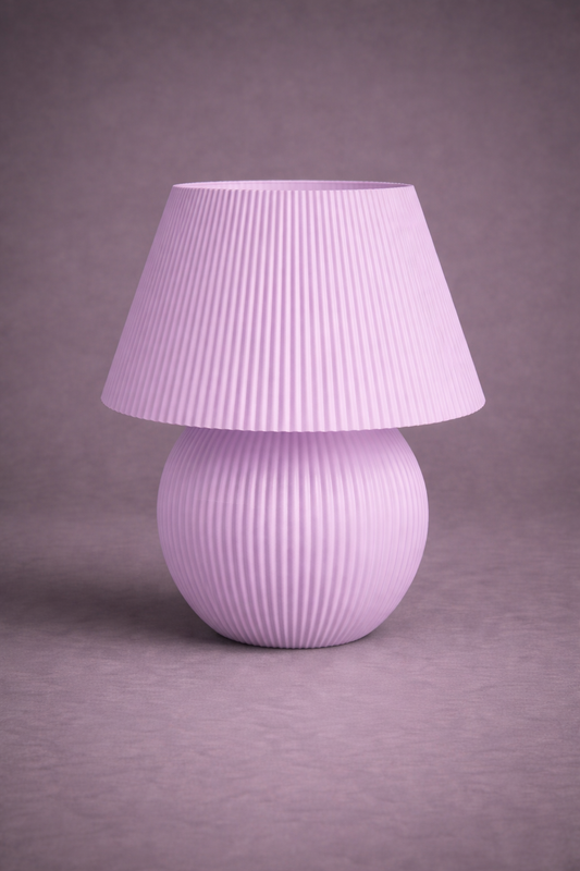 Purple table lamp with ribbed design on a gray background