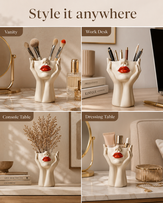 A four-panel lifestyle collage showing a sculptural ceramic makeup brush holder shaped like a female hand and face with red lips, styled on vanity, desk, console table, and dressing table. The top banner reads 'Style it anywhere.
