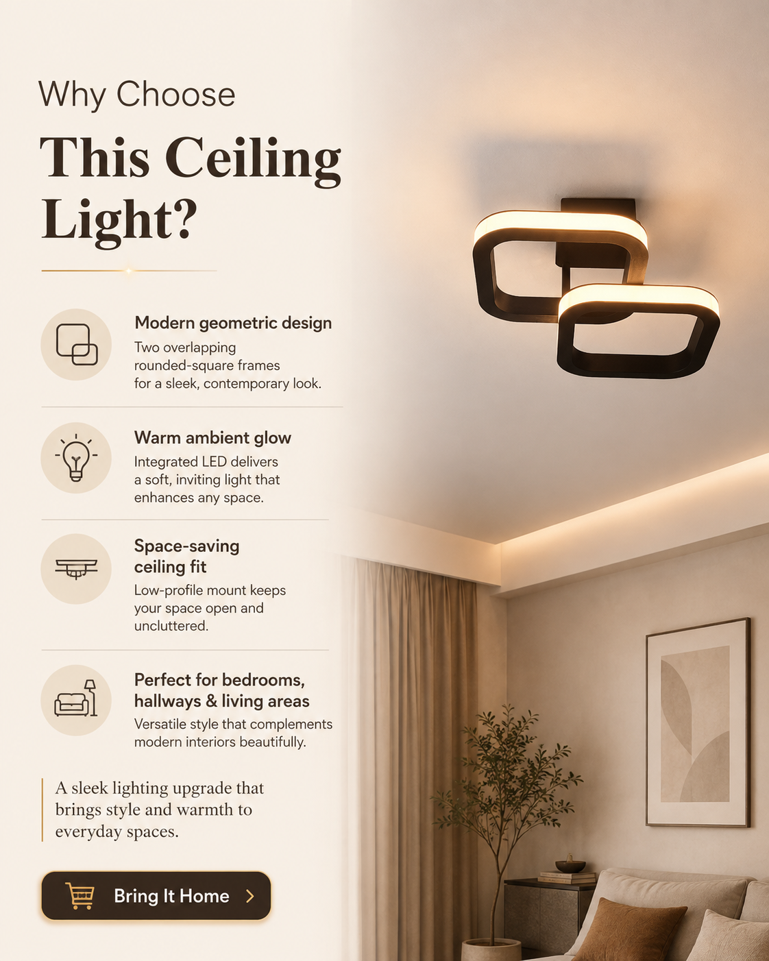 Promotional graphic for a modern ceiling light, showing the light fixture mounted on a beige wall above a bed in a bedroom setting. The left side contains marketing text with icons explaining the light's features, including modern geometric design, warm ambient glow, space-saving fit, and suitability for bedrooms.