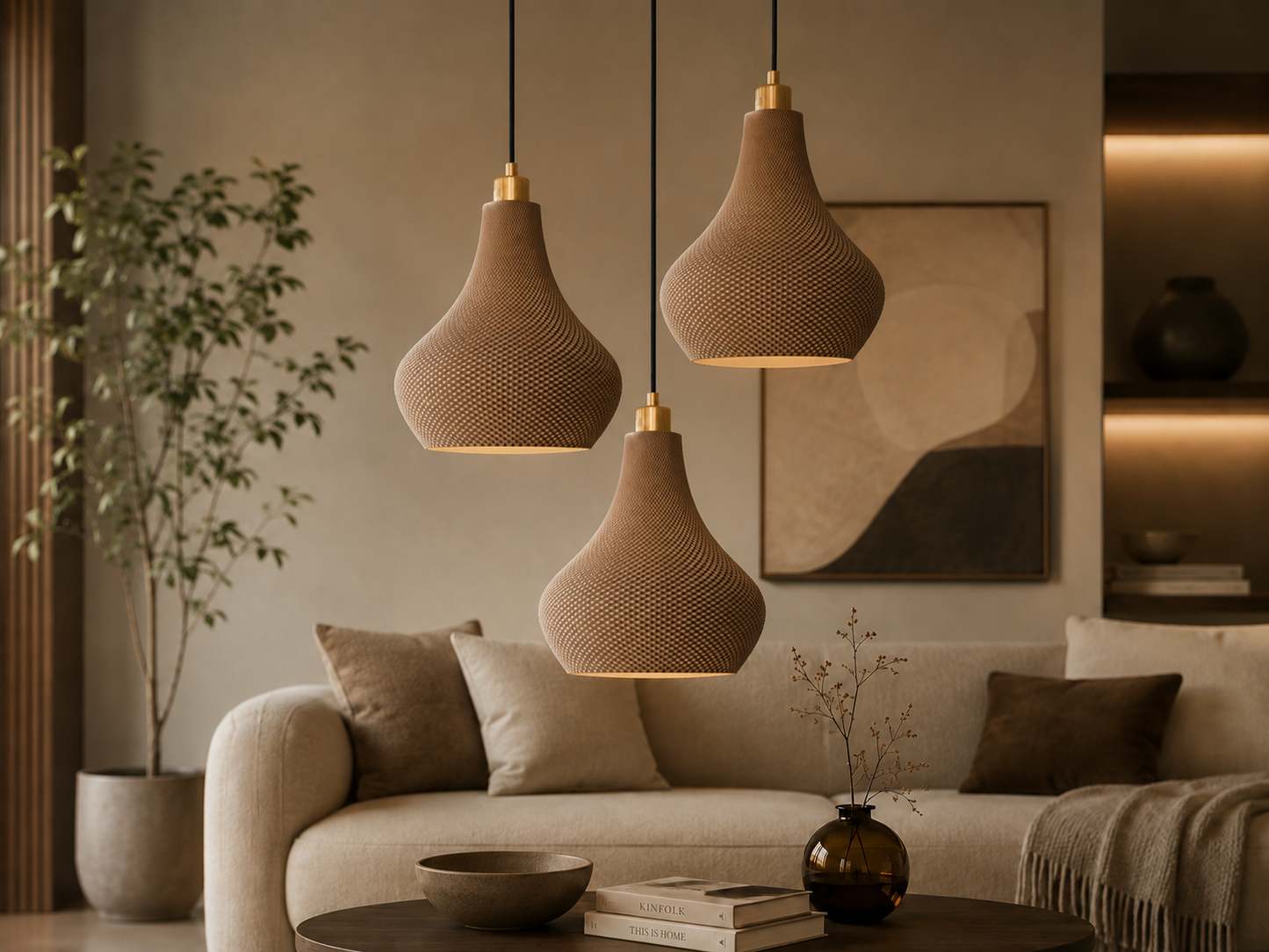 Modern living room with beige sofa, decorative pillows, and three brown pendant lights.