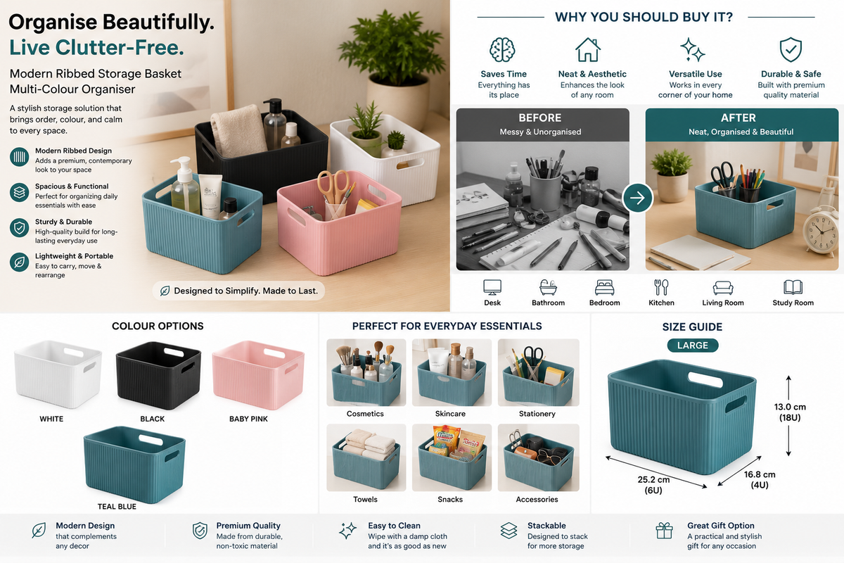A comprehensive product infographic for a modern ribbed storage basket organizer, showing the product in multiple colors (white, black, pink, teal blue) in both a single-basket view and a multi-basket set. The infographic includes before-and-after kitchen organization comparisons, color options, dimensions, and feature highlights.