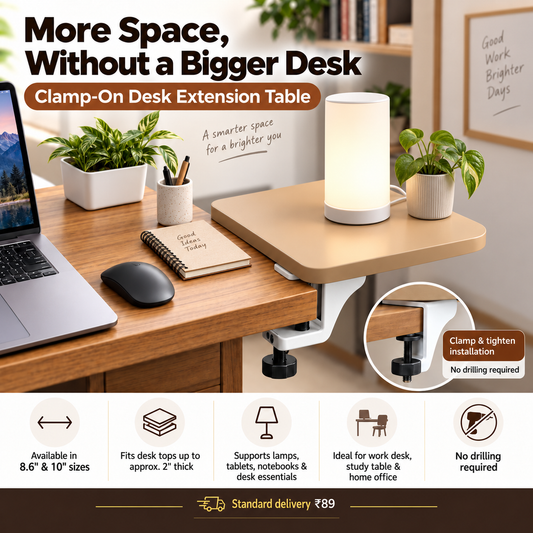 A clamp-on desk extension table shown mounted over a wooden desk, with a lamp, plants, notebook, and mouse on the tabletop. Large marketing text at the top reads 'More Space, Without a Bigger Desk' and a bottom banner lists features and delivery info.