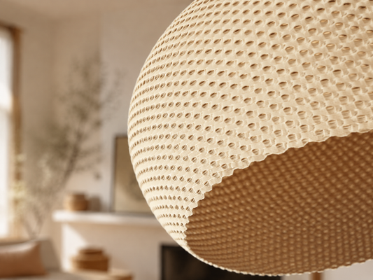Close-up of a textured beige pendant light with a blurred indoor background